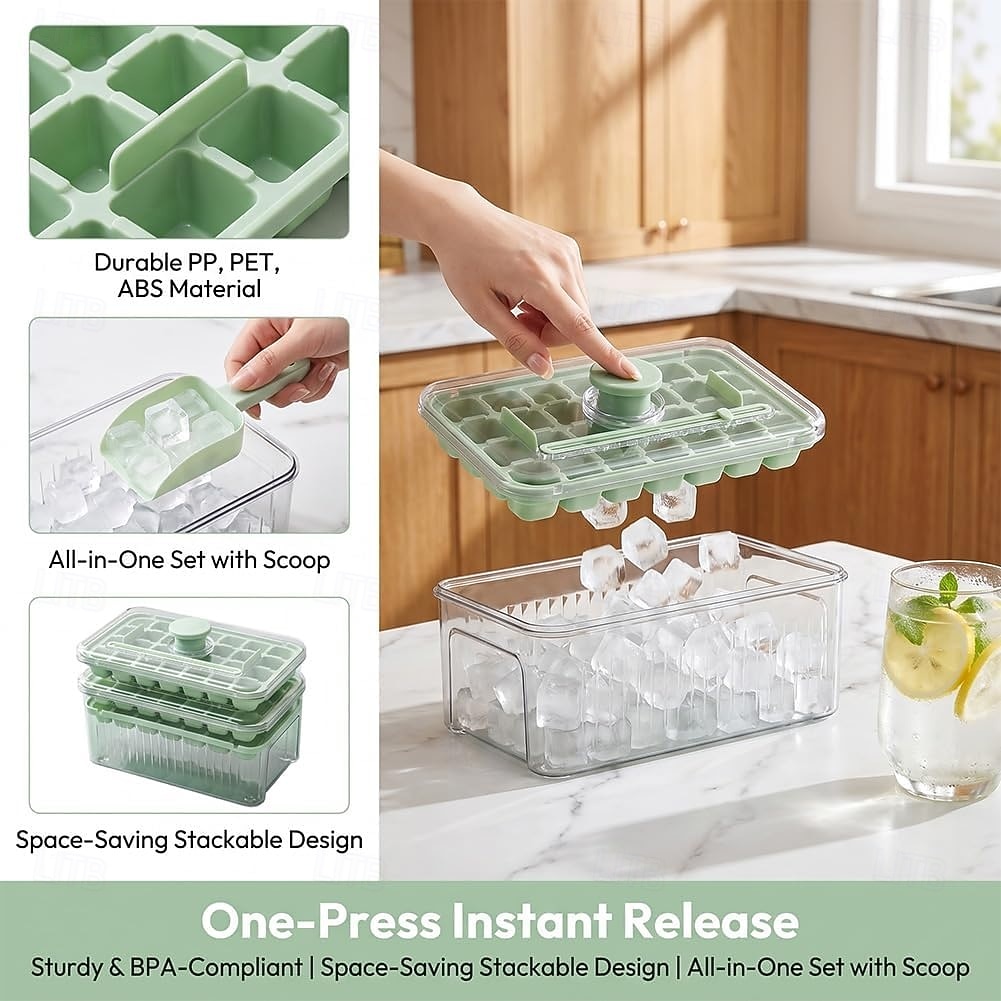 Bandeja para cubitos de hielo de 28/56 compartimentos con tapa y un solo botón. &Contenedor, máquina para hacer cubitos de hielo de fácil extracción con cuchara &Recipiente de almacenamiento, molde de 2026 - $11.99 –P14