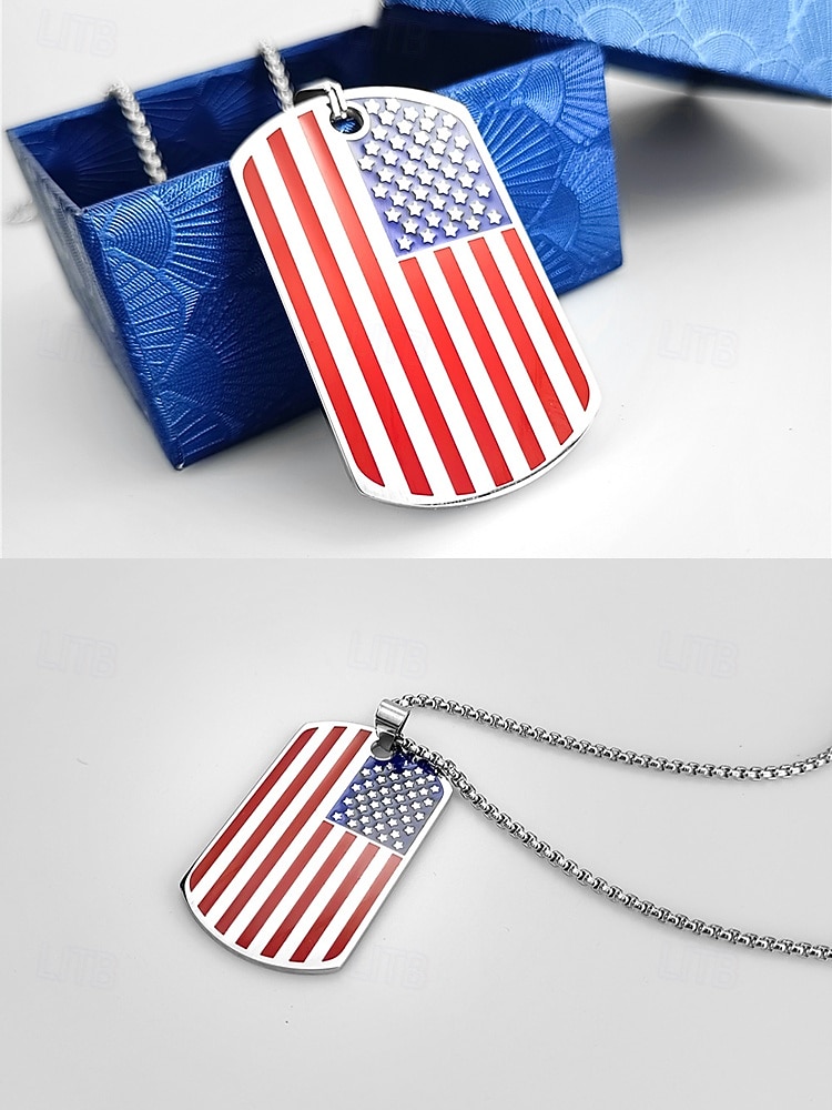 Herrekjede med USA-flagg i rustfritt stål - patriotisk militæranheng i flere farger til amerikansk 250-årsjubileum, uavhengighetsdagen og utendørssport &veteran gift 2026 - $11.99 –P9