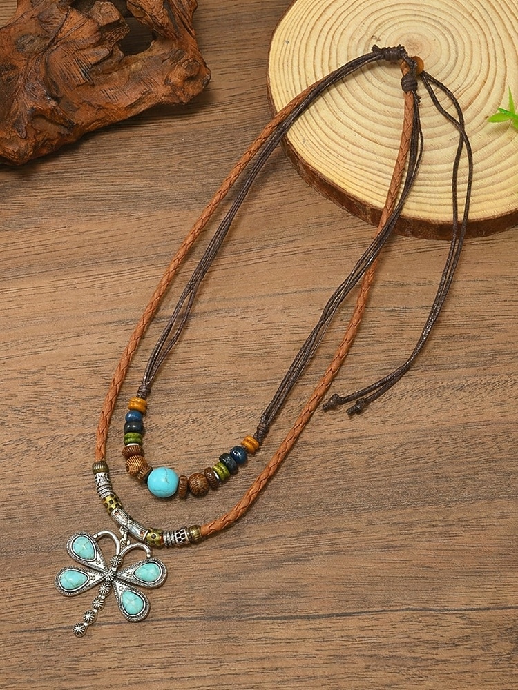 Damski naszyjnik w stylu boho z wisiorkiem w kształcie ważki, dwuwarstwowy choker ze skóry ze stopu metali, z turkusowymi koralikami, idealny na wakacje na plaży, letnie podróże i codzienne, codzienne 2026 - $11.99 –P6