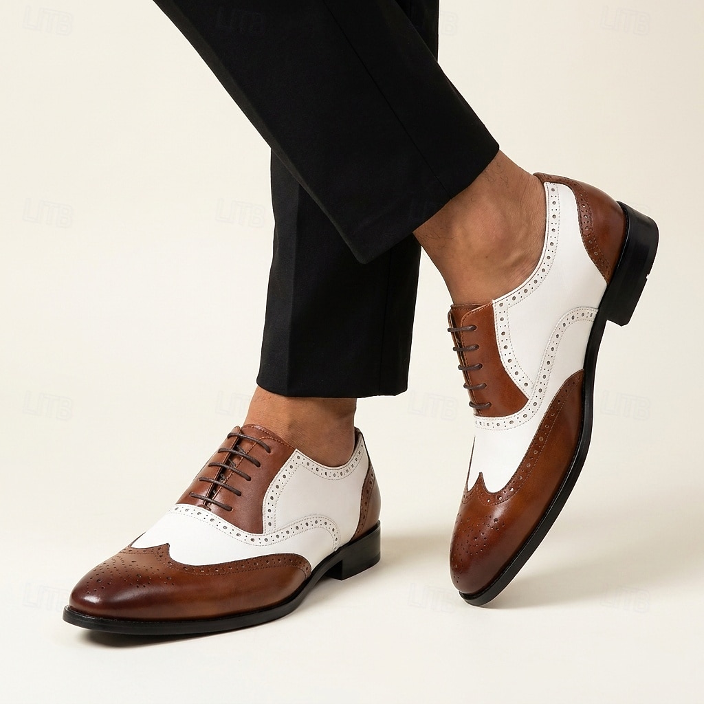 Men's Two-Tone Wingtip Oxford Dress Shoes, Brown & White Brogue Leather Formal Shoes for Business Men, Wedding, Party, Banquet and Office Wear 2026 - $109.99 –P1