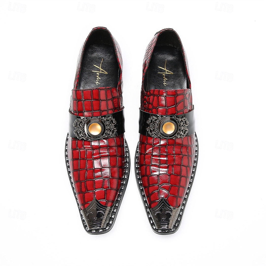 Men's Red Croc-Embossed Strap Dress Shoes Pointed-Toe Statement Formal Footwear for Stylish Men, Weddings, Banquets, Parties and Stage Events 2026 - $109.99 –P6