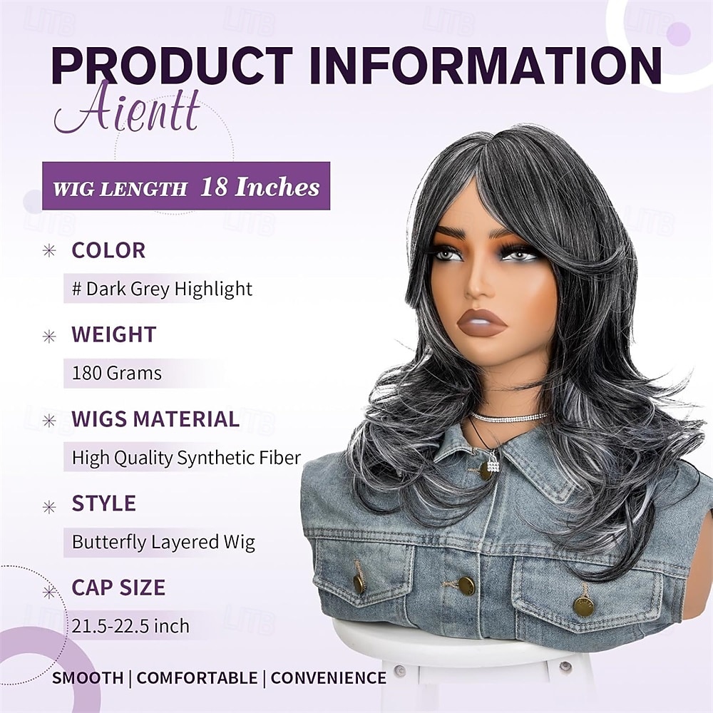 Short Dark Grey Mix Black Layered Wig with Curtain Bangs,Synthetic Gray Layered Wavy Middle Part Butterfly Wigs for Black White Women Daily Party Cosplay Costume 18Inch 2026 - $30.99 –P2