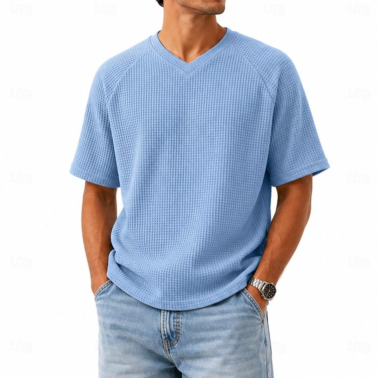 Men's Waffle T-shirt T Shirt Tee Top Short Sleeve V Neck Summer Spring All Seasons Solid Color Streetwear Stylish Casual Tassel Fringe Patchwork Casual Daily Outdoor Light Blue Light Green Top Tee 2026 - $47.99 –P2