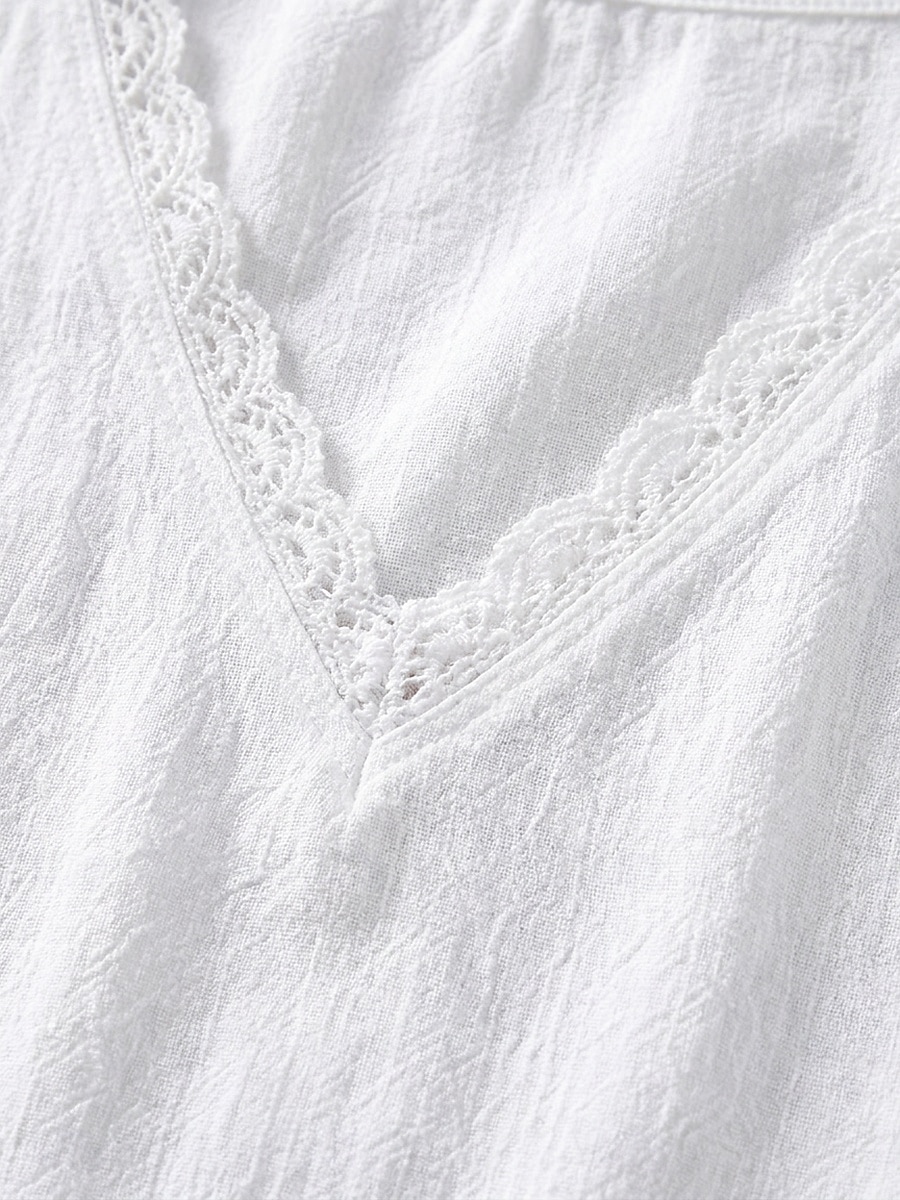 Women's Cotton Linen Shirts Lace Splicing Top Ruffle Patchwork Lace Trim Solid Color Plain Vintage Short Sleeve V Neck Regular Tops Casual Black White Summer Spring 2026 - $32.99 –P1