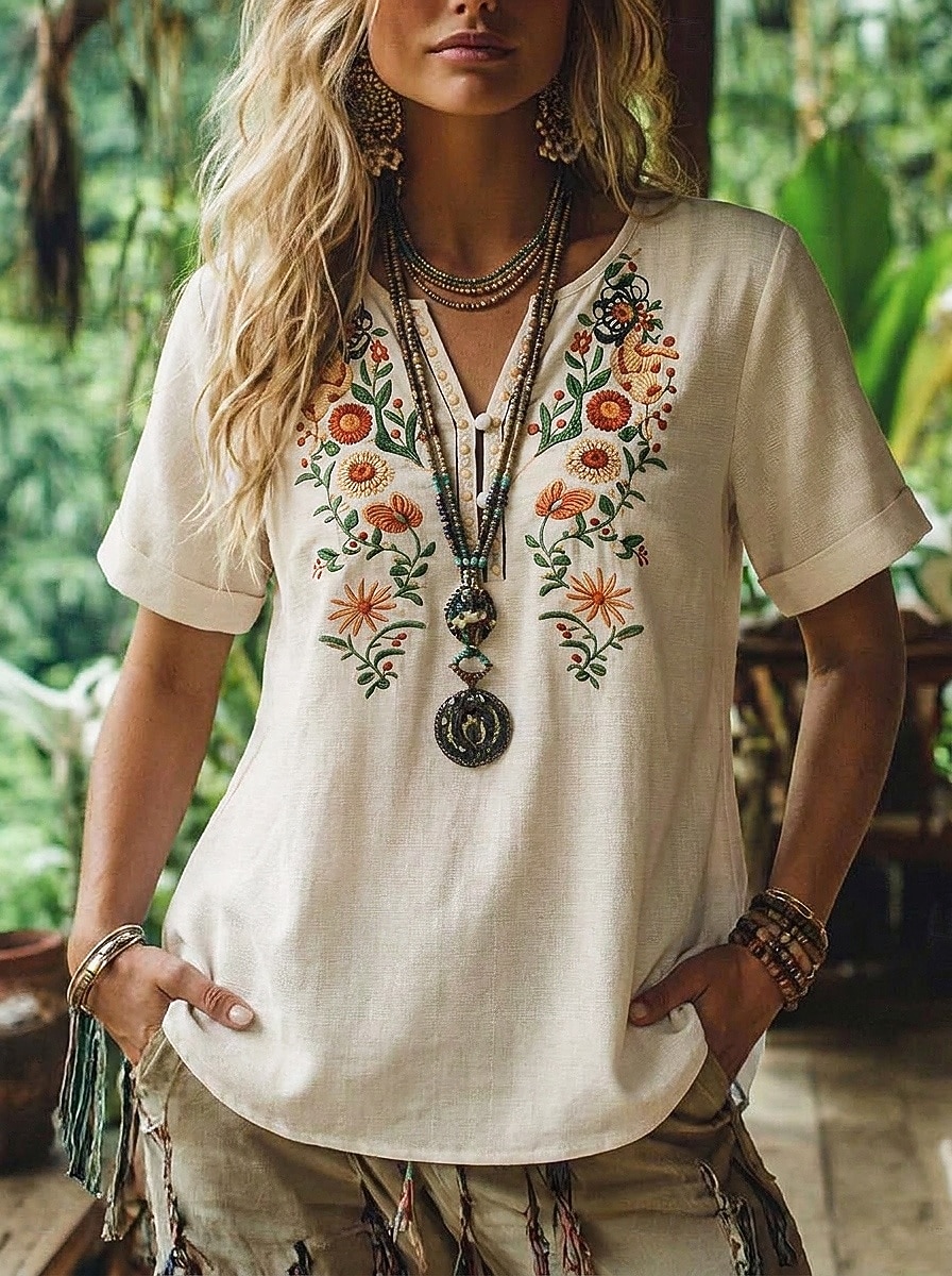 Women's Blouse Embroidery Shirts Embroidered Floral Vintage Boho Short Sleeve V Neck Long Tops Casual Daily Summer Apricot Summer Spring 2026 - $25.99 –P1