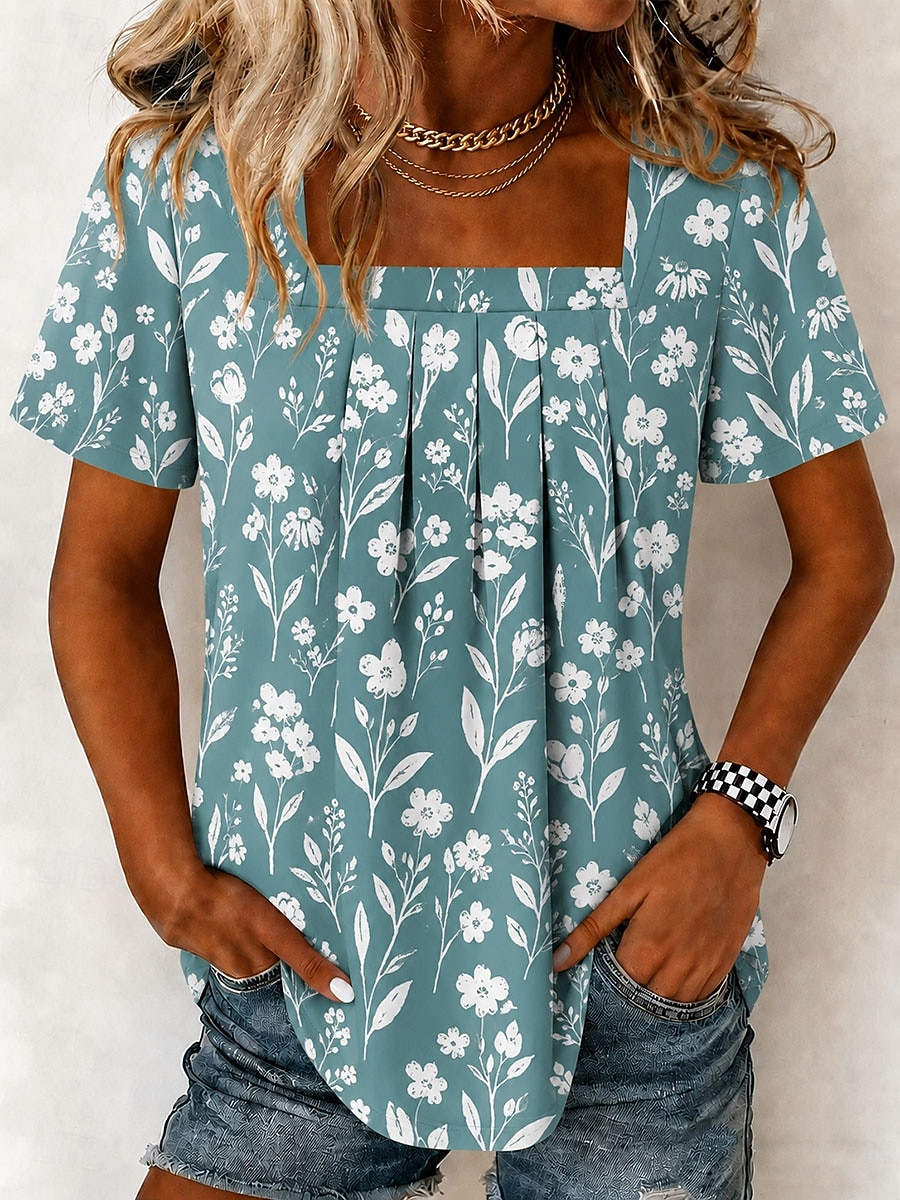 Per donna Maglietta Stampato Floreale Grafico Vintage Elegante Classico Manica Corta Collo quadrato Top Regolari Quotidiano Weekend Blu Giallo Viola Estate Primavera del 2026 a $25.99 –P1