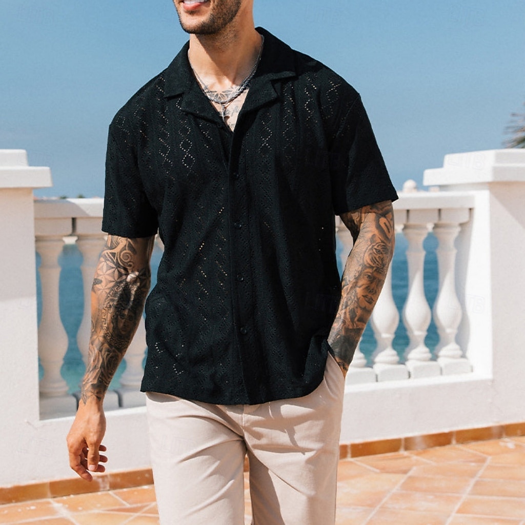 Men's Shirt Casual Shirt Button Up Shirt Jacquard Shirt Black White Short Sleeve Plain Shirt Collar Casual Daily Buttons Clothing Apparel Elegant Fashion Casual 2026 - $31.99 –P4