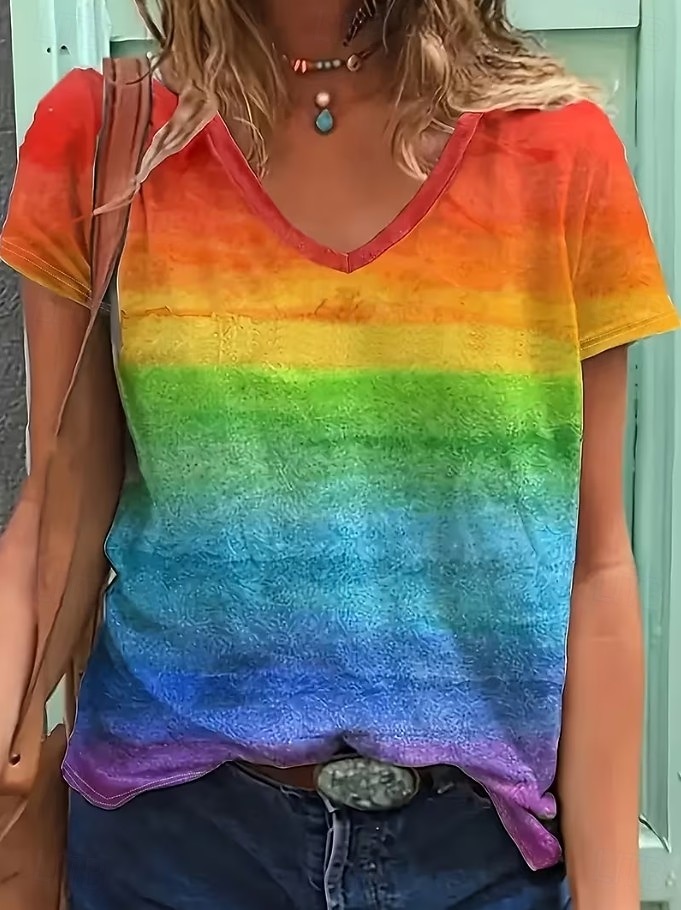Mujer Camiseta Estampado Ombre Geométrico Degradado Elegante Clásico Casual Manga Corta Escote en Pico Tops regulares Casual Diario Azul Piscina Rosa Naranja Rosa Brillante Verano Primavera 2026 - $8.49 –P7