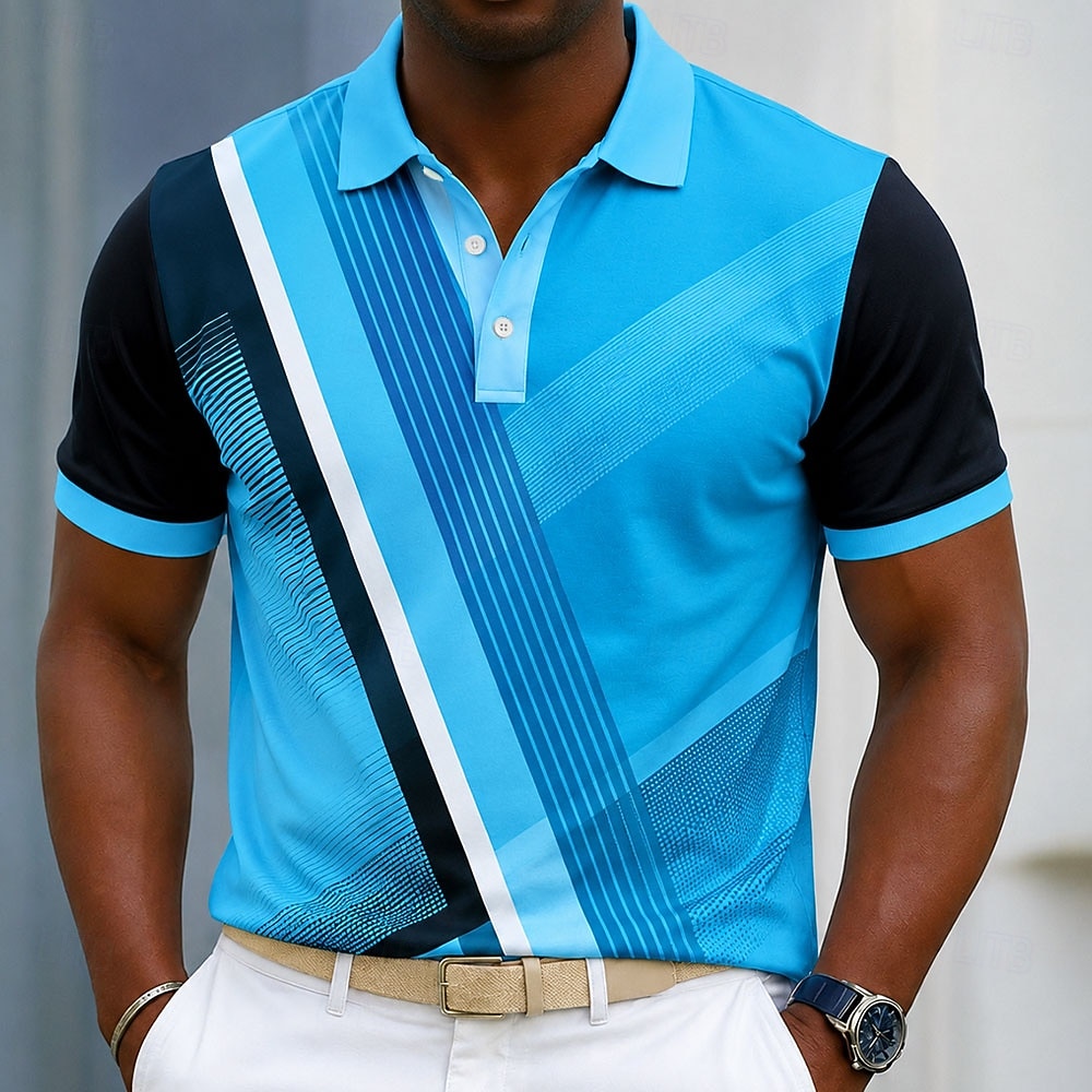Men's Geometic Line Polo Shirts Short Sleeve Polo Shirts Collared Shirts Casual Athleisure 3D Print Buttons Breathable Mesh Spring & Summer Blue Light Green Green 2026 - $22.99 –P2