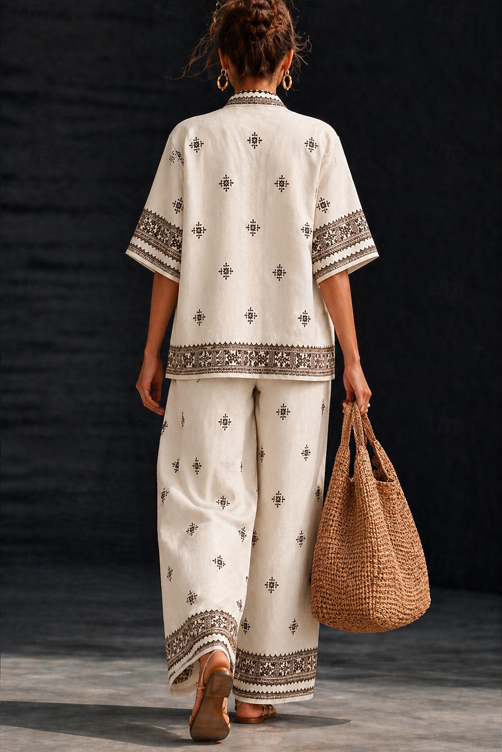 Per donna Camicia Set di biancheria in cotone Set di Pantaloni Manica Corta Scollo a V Floreale Grafico Geometrico Stampato Vacanza Moda Streetwear Casuale Quotidiano All'aperto Bianco Primavera del 2026 a $55.99 –P3