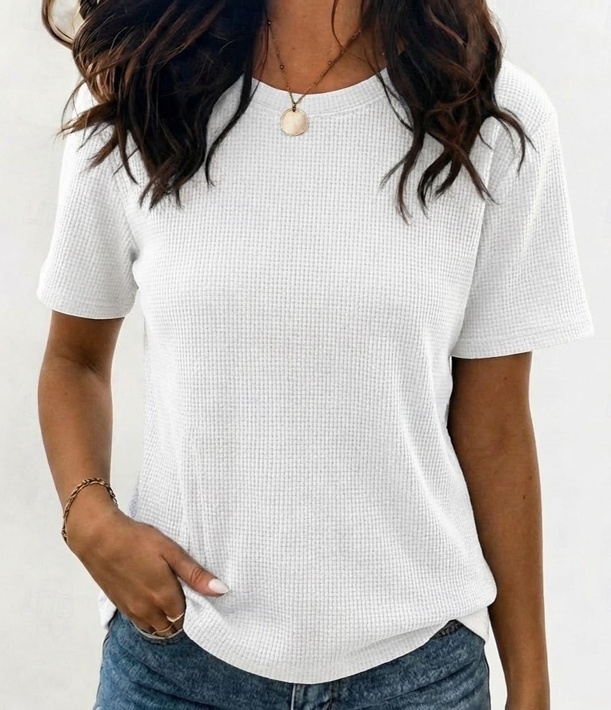 Women's Waffle T-shirt Tee Top Solid Color Vintage Fashion Stylish Short Sleeve Crew Neck Regular Tops Casual Daily Going out Black White Navy Blue Brown Apricot Summer Spring 2026 - $16.49 –P3