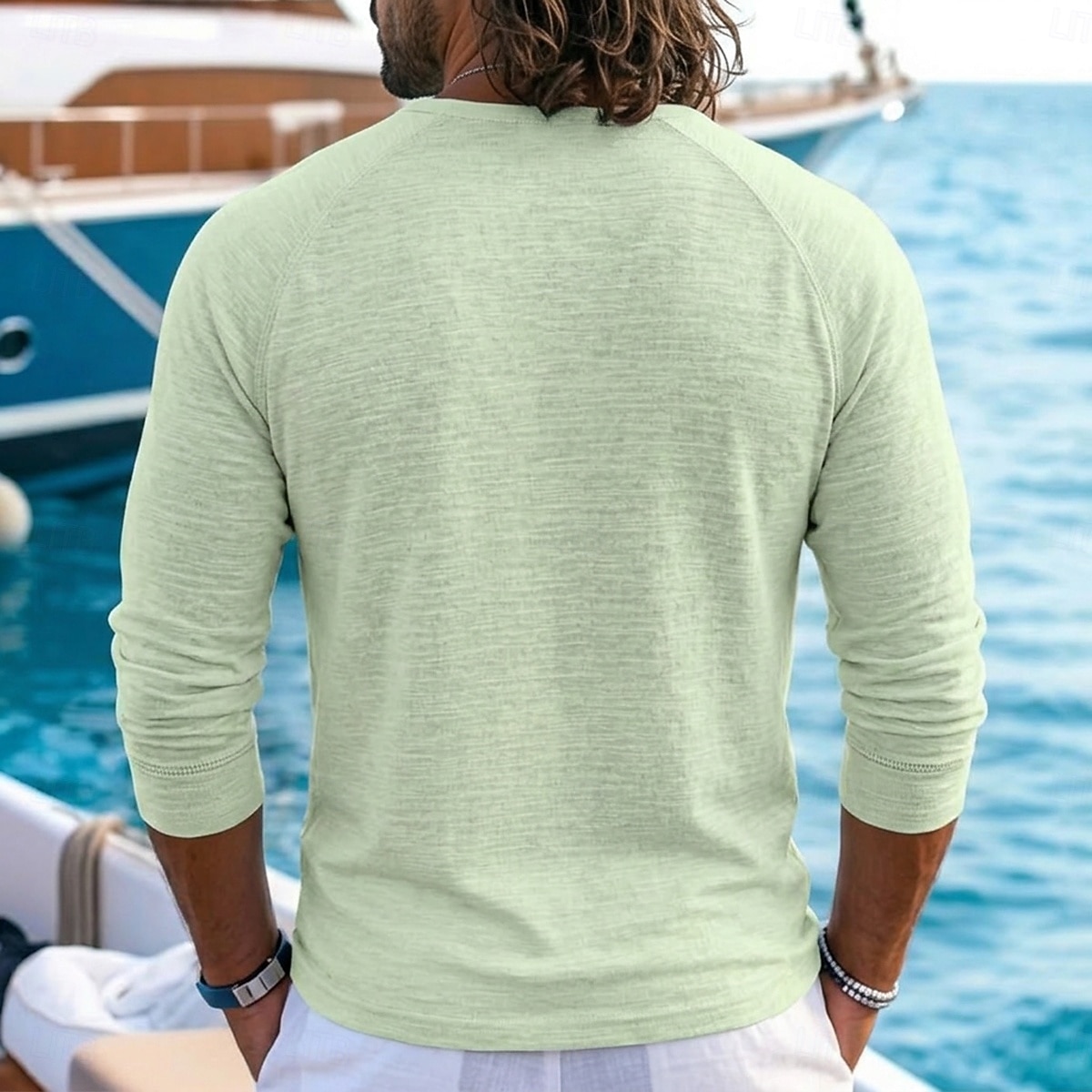 Men's Linen T-Shirt Long Sleeve V Neck Notched Spring & Summer Summer Spring Solid Color Plain Vintage Bohemian Casual See Through Raglan Sleeves Casual Vacation Street Black White Light Green Top 2026 - $20.99 –P3