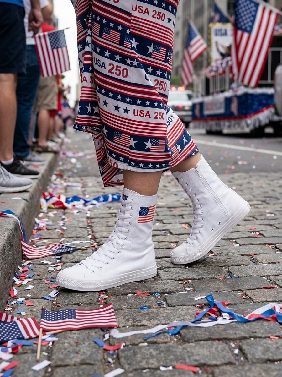 Damskie białe, patriotyczne, wysokie trampki z płótna – sznurowane buty z płótna z flagą USA na Dzień Niepodległości i paradę &swobodny strój uliczny 2026 - $42.99 –P5