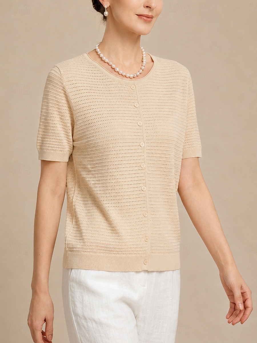 Per donna Top traforato Maglietta Tinta unica Elegante Casual Manica Corta Girocollo Top lunghi Casuale Giallo Arancione Beige Estate Primavera del 2026 a $35.99 –P2