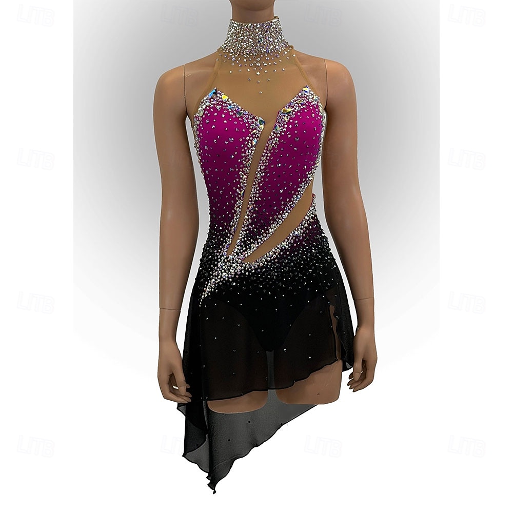 Vestidos para Patinação Artística Mulheres Patinação no Gelo Vestidos Fúcsia Patchwork Sem costas Com Stretch Treino Competição Roupa para Patinação Clássico Cristal / Strass Sem Manga Patinação no de 2026 por $302.89 –P1