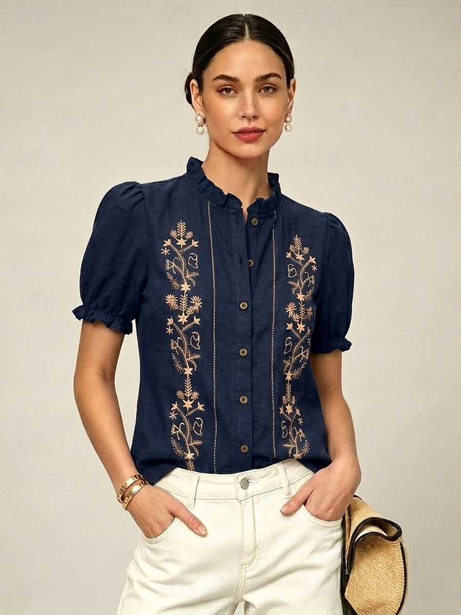 Per donna Camicia Blusa Arricciato Ricamato Stampato Floreale Vintage Elegante Manica Corta Manica a Balze Collo alla coreana Top Regolari Casuale Spiaggia Verde militare Rosso Blu marino Estate del 2026 a $32.99 –P4