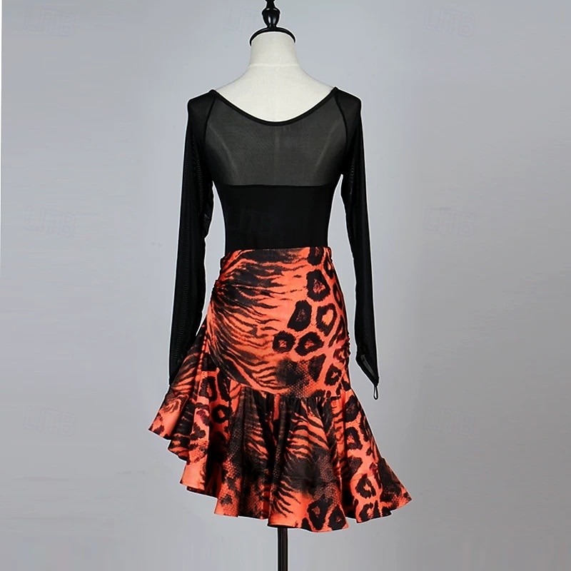 Leopard Print Latin Dance Dress - Long Mesh Sleeve Performance Wear  Orange & Black Salsa Samba Competition 2026 - $128.99 –P3