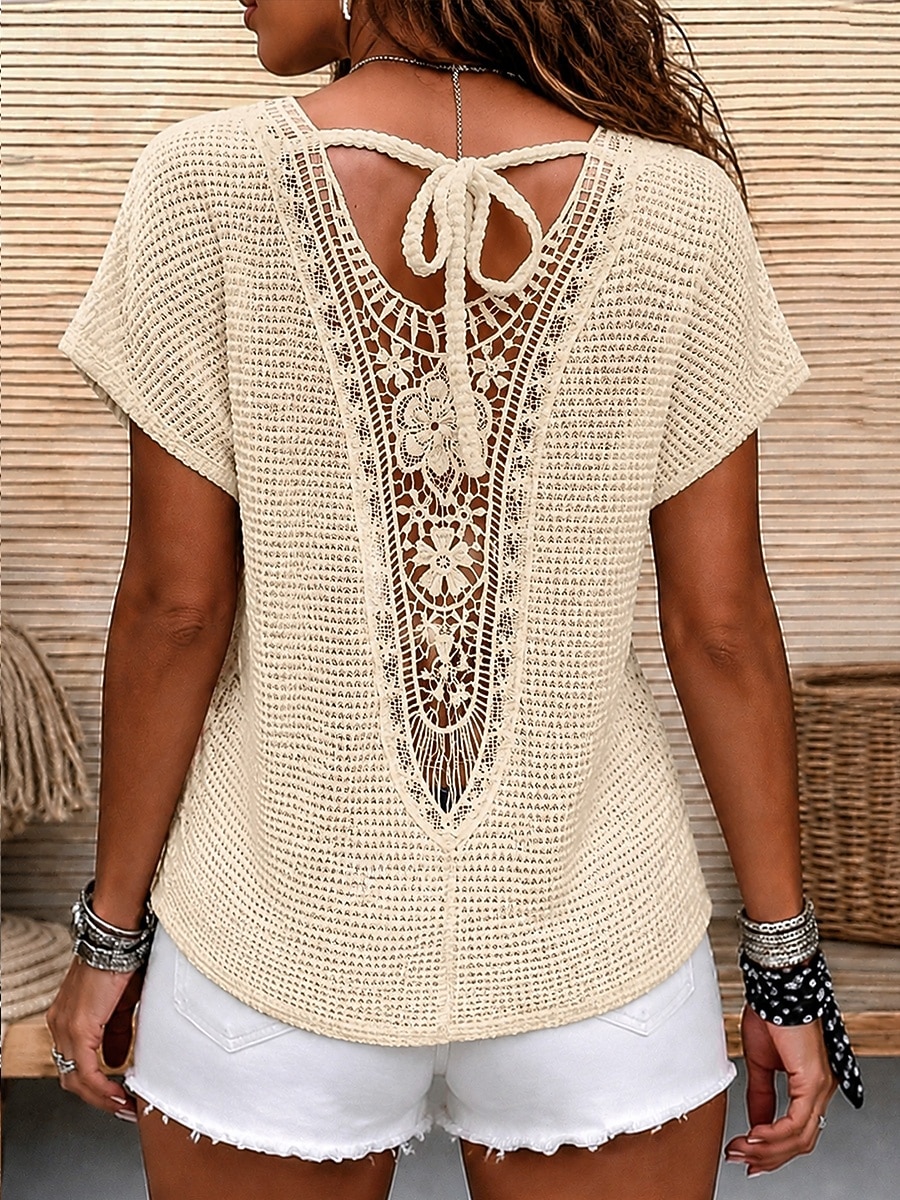 Per donna Camicia Blusa con texture Top traforato Top con cuciture in pizzo Jacquard Pizzo Patchwork Elegante Bohemien Vintage Manica Corta Girocollo Top Regolari Casuale Nero Bianco Verde Beige Rosa del 2026 a $24.99 –P1