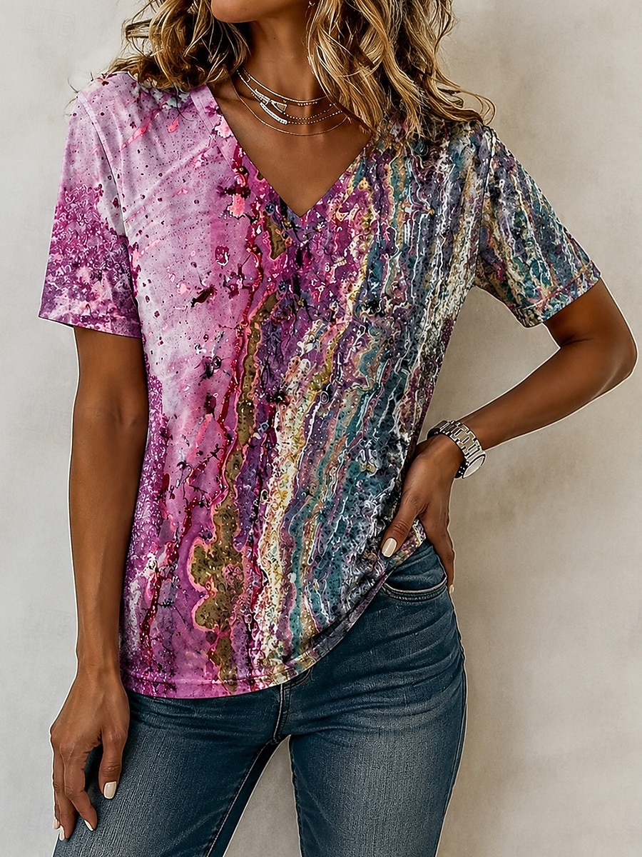 Dame T skjorte Trykt mønster Nyanse Geometrisk Abstrakt Stilfull Klassisk Fritid Kortermet V-hals Vanlige topper Avslappet Daglig Rosa Vin Dusty Blue Fuksia Grønn Sommer Vår 2026 - $21.99 –P5