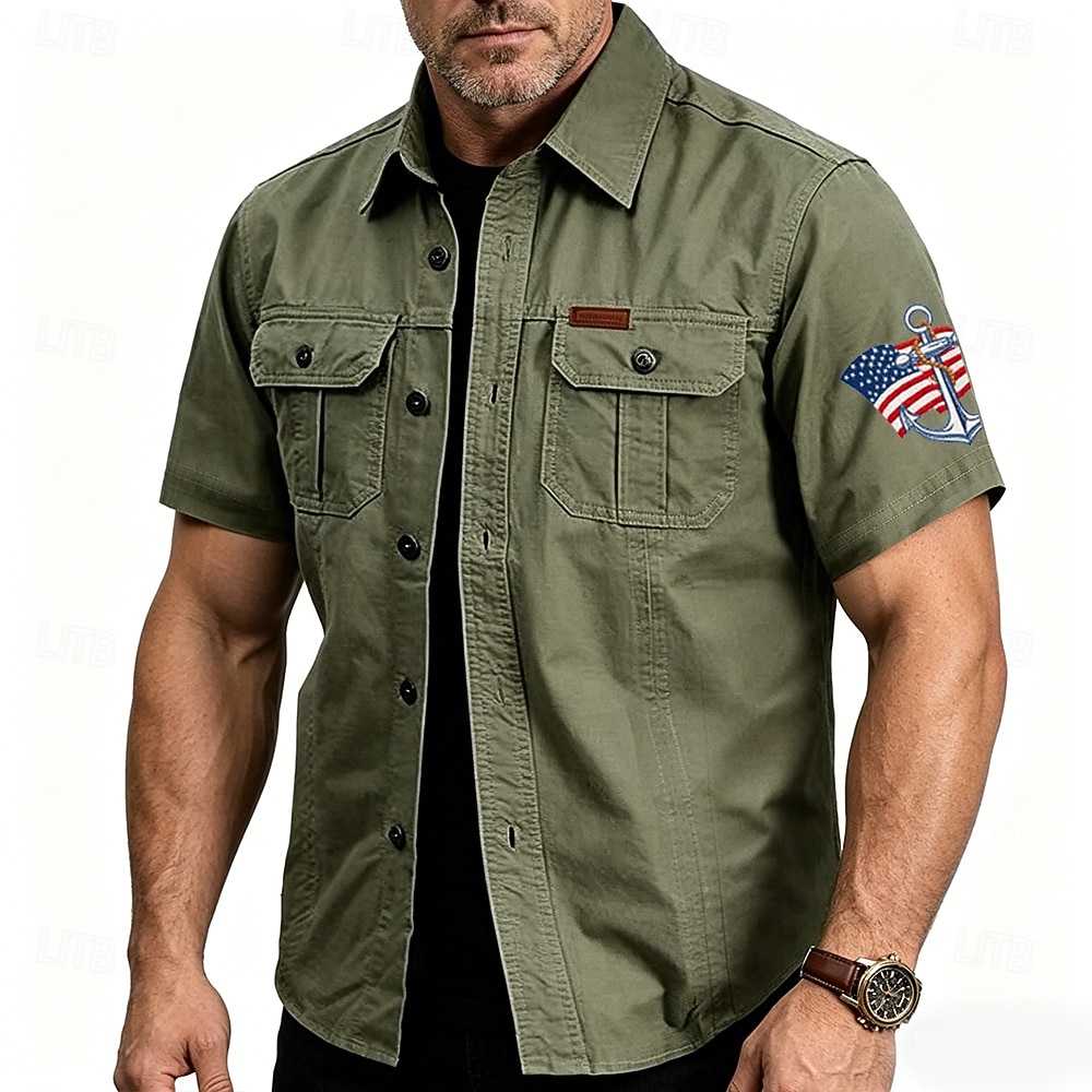Hombre 4 de julio, 250 aniversario de Estados Unidos Ancla Bandera estadounidense Camisa de trabajo de algodón camisa occidental Camisa cargo Manga Corta ejército militar Patriótico Casual Para 2026 - $27.99 –P1