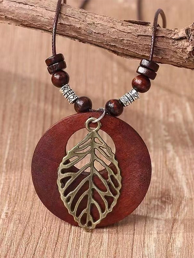 Dames boho lange hangerketting - vintage hout &Truienketting van legeringskralen met bladmotief &Levensboom bedeltjes voor een zomervakantie aan het strand, of als casual kleding voor elke dag. 2026 - $7.99 –P6