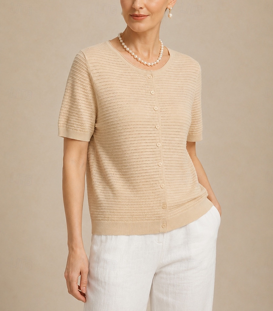 Per donna Top traforato Maglietta Tinta unica Elegante Casual Manica Corta Girocollo Top lunghi Casuale Giallo Arancione Beige Estate Primavera del 2026 a $35.99 –P1