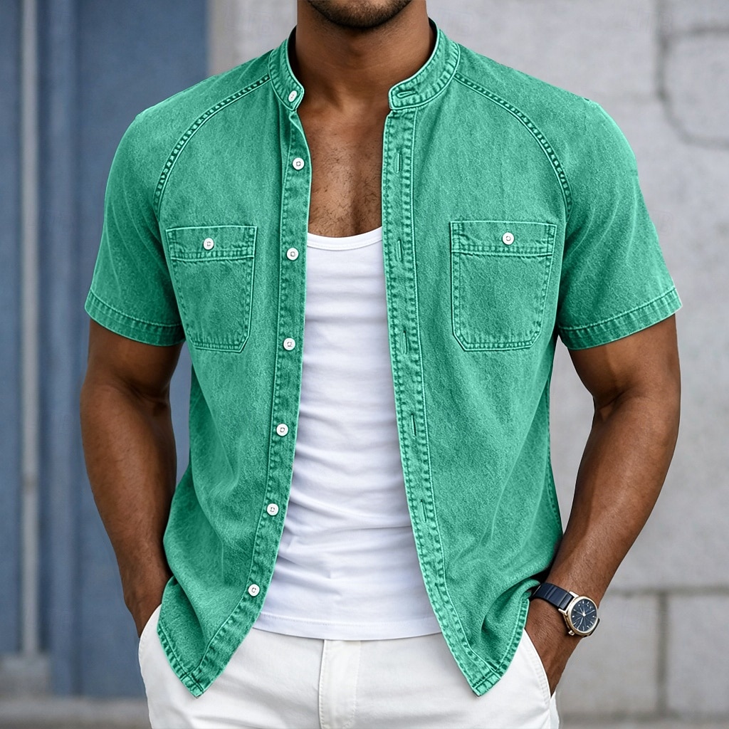 Chemise Homme SoftFade™ Chemise Décontractée Chemise Décolorée Teinte Vêtements 100% Coton Chemise Délavée Bleue Noire Rose Violet Verte Manches Courtes Col Grandad Uni Quotidien Patchwork de 2026 ? $31.99 –P6