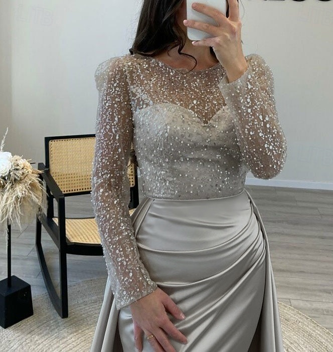 Sirena Tromba Lunghezza al pavimento Abito da Sera Elegante Brillare & Splendere Manica Lunga Scollo Illusione Carnevale Mascherata Abito Champagne per la Madre della Sposa Raso Con Paillettes con del 2026 a $183.99 –P21