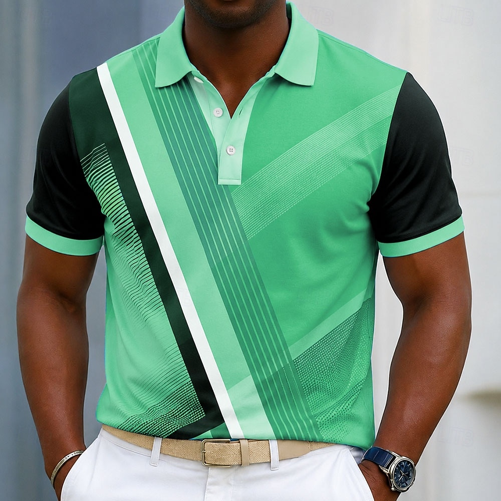 Men's Geometic Line Polo Shirts Short Sleeve Polo Shirts Collared Shirts Casual Athleisure 3D Print Buttons Breathable Mesh Spring & Summer Blue Light Green Green 2026 - $22.99 –P4