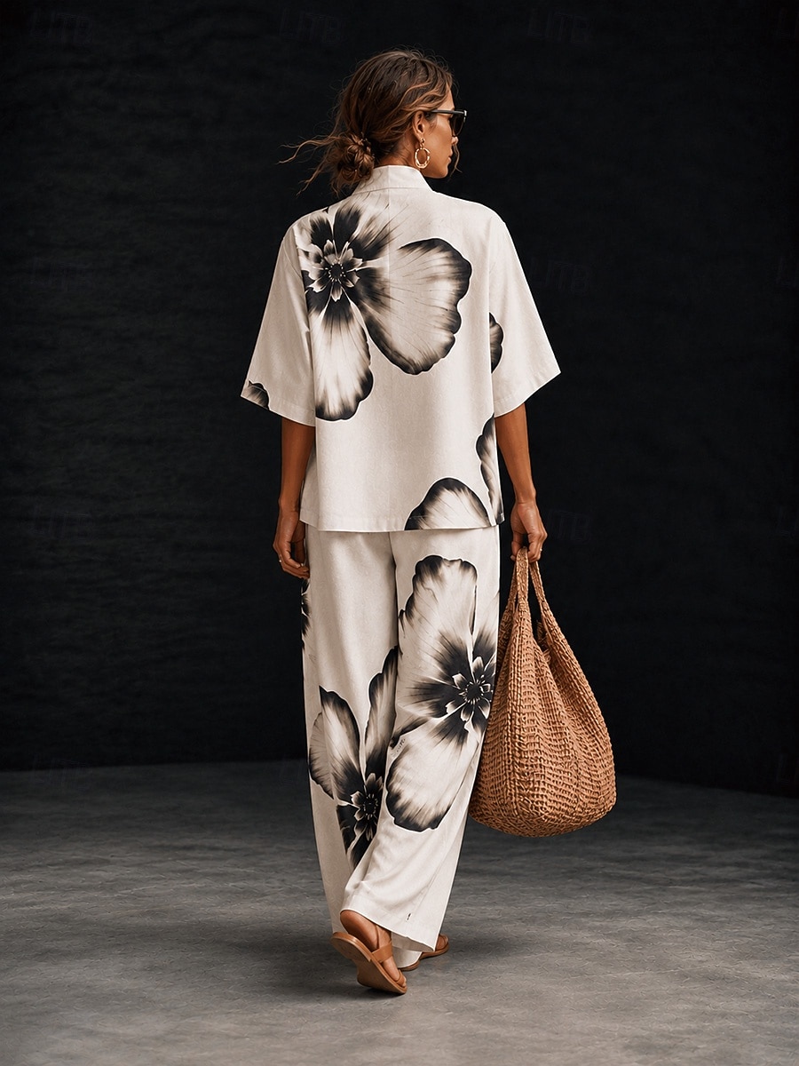 Women's Shirt Cotton Linen Sets Pants Sets Short Sleeve Half Sleeve V Neck Floral Graphic Geometric Print Vacation Fashion Streetwear Casual Daily Outdoor Black White Ivory Spring & Summer Loose Fit 2026 - $55.99 –P3