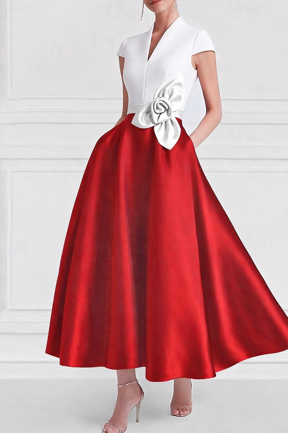 A-Linie Tee-Länge Cocktailkleider Partykleider Elegant Farbblock seidig Kurzarm V Ausschnitt Hochzeit Formell Tasche Satin mit Tasche 2026 - $172.99 –P4