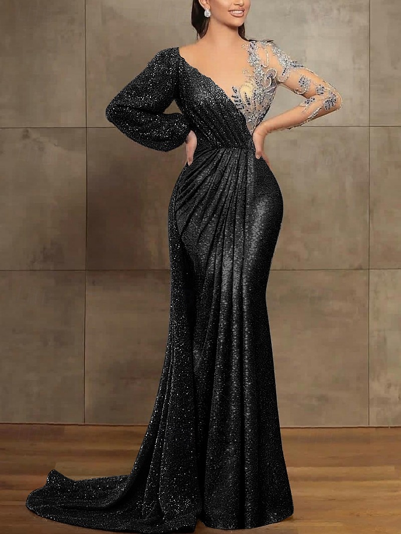 Sirena Tromba Strascico da Corte Abito da Sera Abito da ballo con sopragonna Abito formale Elegante Manica Lunga Scollo Illusione Formale Con Paillettes con Pieghe Paillettes del 2026 a $206.99 –P15
