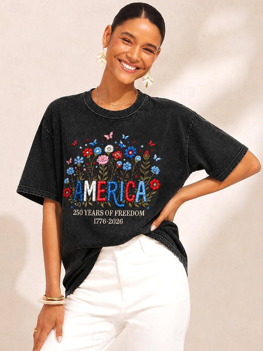 Día de la Independencia de Estados Unidos, mujer, 100% algodón, bordado, estilo vintage, elegante, manga corta, cuello redondo, tops regulares, casual, negro, verano, primavera 2026 - $33.99 –P3