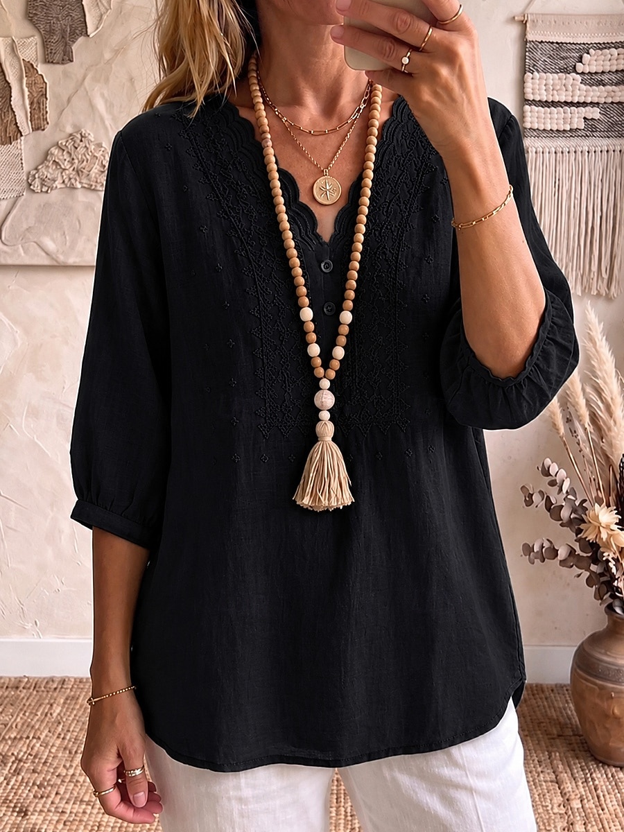 Bluza brodată pentru femei cămașă boho cămașă cu dantelă florală elegantă boemă vacanță guler în V tops lungi casual zilnic vacanță khaki negru alb verde vară primăvară 2026 - $37.99 –P7
