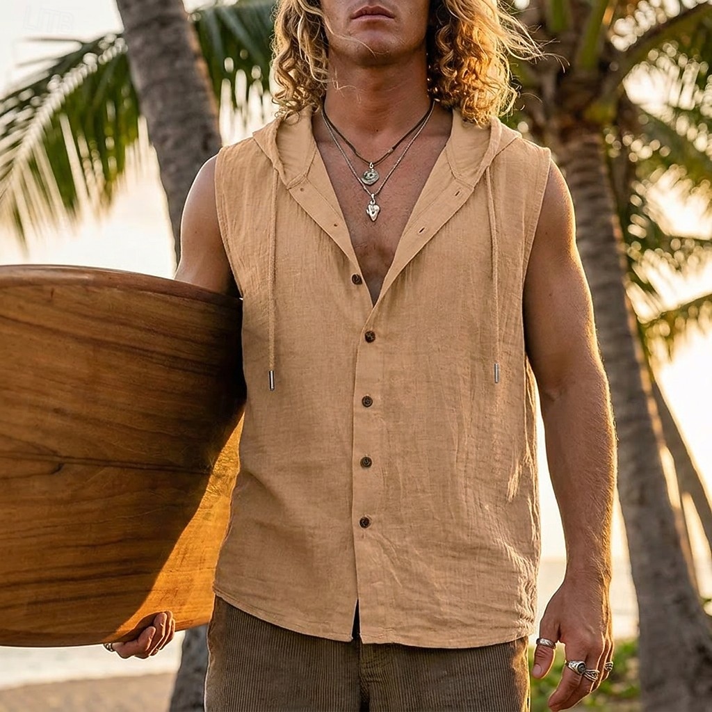 Herren Hemd Leinenhemd Sommerhemd Strandbekleidung Knopfhemd Kapuzenhemd Einfarbig Lässig Urlaub Blau Schwarz Weiß Gelb Ärmellos Mit Kapuze Sommer Frühling Bekleidung 2026 - $21.99 –P13