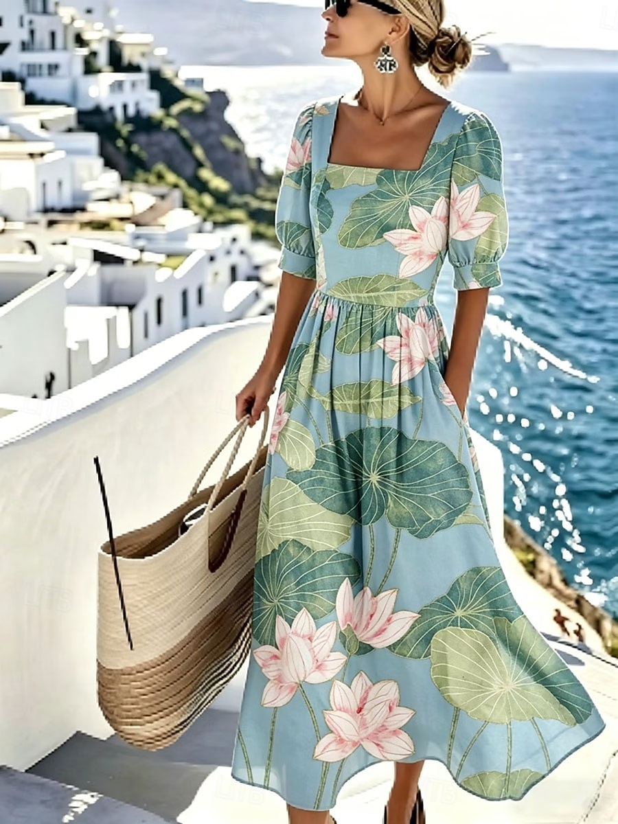 Damskie Sukienka midi Codzienne sukienki Sukienka A line Elegancja Urlop Elegancki Plaża Święto Regularny Kwiaty Graficzny Rękaw 1/2 Kwadratowy dekolt Niebieski Rumiany róż Zielony Lato Wiosna 2026 - $20.49 –P1
