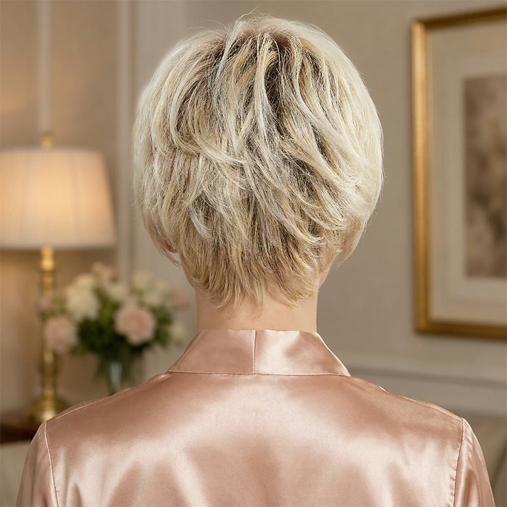 Kurze, platinblonde Pixie-Bob-Perücke mit Pony – gestuftes, aschblondes Kunsthaar für Damen, natürlich voluminöses Haarteil für den Alltag 2026 - $29.99 –P2