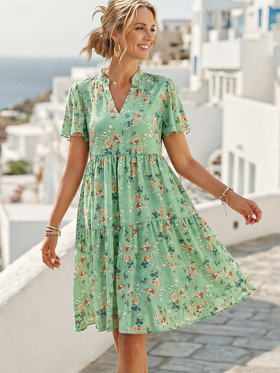 Per donna Abito al ginocchio Abito a Tubino Vacanza Casual Spiaggia Spiaggia Vestibilità regolare Floreale Grafico Manica Corta Scollo a V Blu Bianco Rosa Verde Estate Primavera del 2026 a $31.99 –P1