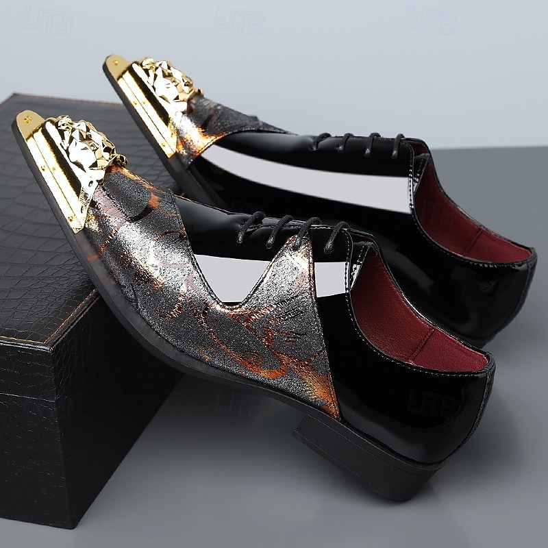 Męskie czarno-brązowe abstrakcyjne buty typu derby z metalowym noskiem, eleganckie buty sznurowane dla stylowych mężczyzn, na wesela, imprezy, bale maturalne i występy sceniczne 2026 - $46.99 –P2