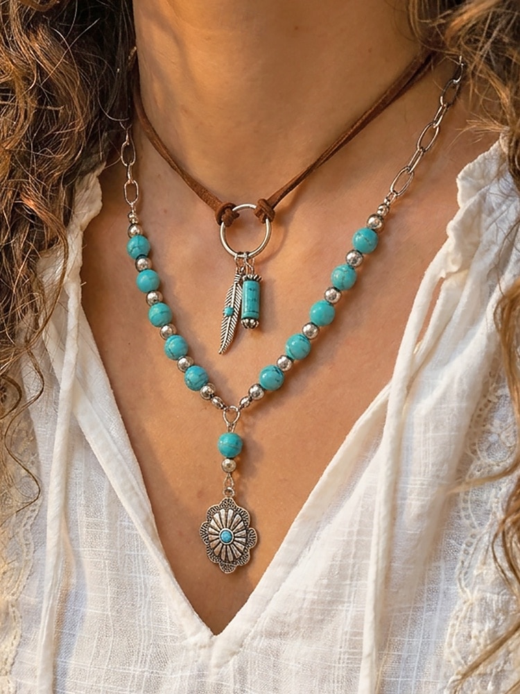 collana da donna bohémien a strati con perline turchesi, catena d'argento e piuma &Ciondolo a forma di fiore, cinturino in finta pelle scamosciata, casual e da vacanza del 2026 a $11.99 –P2