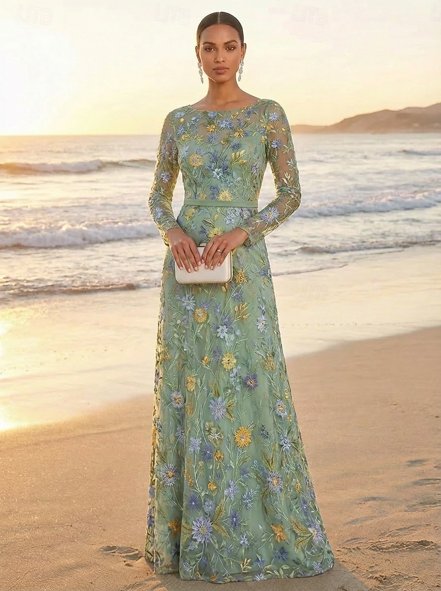 A-lijn Jurken Tot de grond Feestjurk Cocktail jurk Moeder van de bruid jurk Lange mouw Strakke ronde hals Elegant Vintage Luxueus Formeel Bruiloft gast Kentucky Derby Chiffon Tule met Borduurwerk 2026 - $182.99 –P2