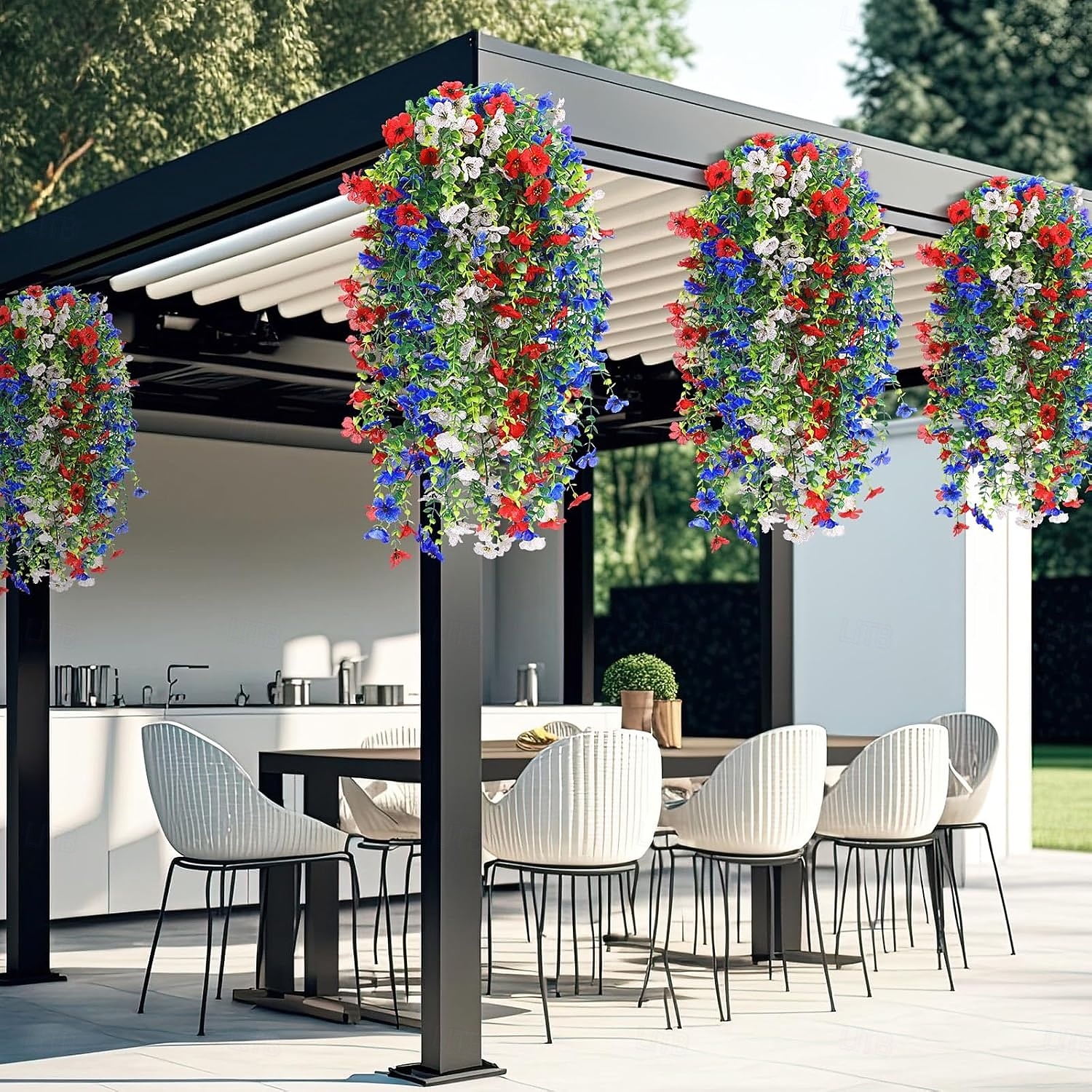 Conjunto de 12 flores artificiais patrióticas vermelhas, azuis e brancas para pendurar, decoração de varanda em comemoração ao 4 de julho, 250º aniversário da independência, arranjo floral para o Dia de 2026 por $35.99 –P2