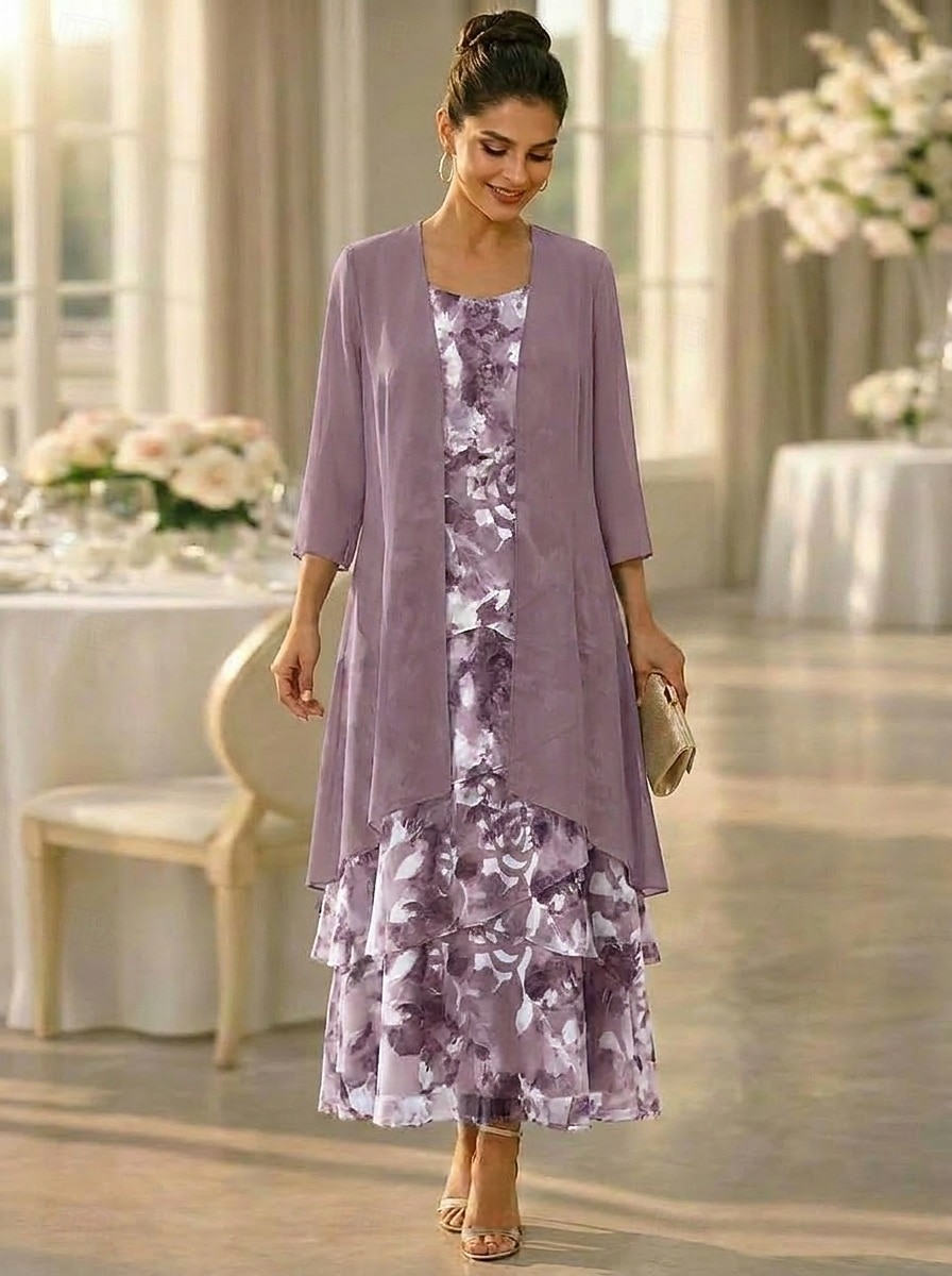 Două Piese Linia -A Lungime Gleznă Rochie pentru invitata de nunta Larg Rochie Mama Miresei Lungime Manșon 3/4 Scoateți gâtul Elegant Simplu Casual Oficial Invitat la nunta Concediu Șifon Rochii 2026 - $182.99 –P2