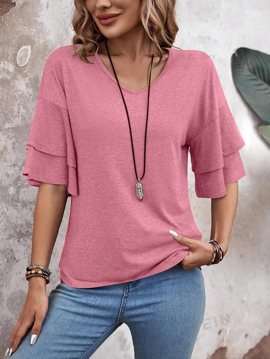 Femmes T-shirt Élégant Manche Courte Manche Volants Col en V Hauts Réguliers Occasionnel Noir Blanche Rose Claire bleu marine Chameau Été Printemps de 2026 ? $26.99 –P6