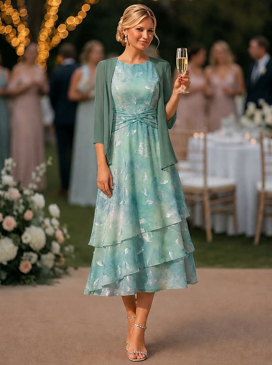 Tweedelig A-lijn Tot de enkel Bruiloft gast jurk Ruimvallend Moeder van de bruid jurk 3/4 mouw Ronde hals Elegant Eenvoudig Casual Formeel Bruiloft gast Feestdagen Chiffon Wrap inbegrepen met 2026 - $159.99 –P4