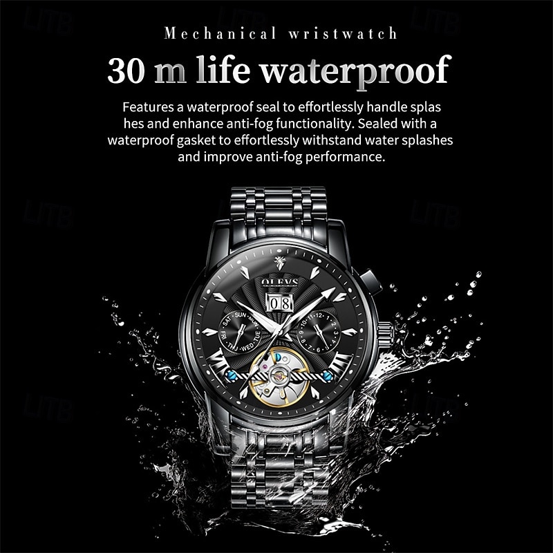 Men's Luxury Automatic Mechanical Watch, Two Tone Stainless Steel, Blue Dial Skeleton Tourbillon Style, Self-Winding Business Wristwatch with Big Date Day 24H Waterproof Luminous Gift for Him 2026 - $96.99 –P5