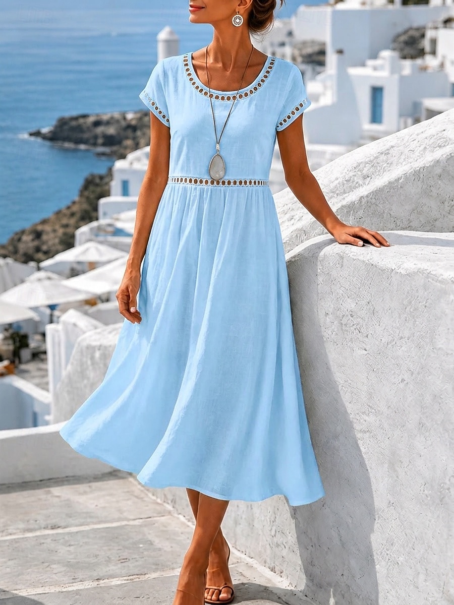 Damen Midikleid Freizeitkleid Sommerkleid Basic Klassisch Täglich Urlaub Lässiger Schnitt Einfach Kurzarm Rundhalsausschnitt Weiß Gelb Rosa Himmelblau Sommer Frühling 2026 - $25.99 –P3