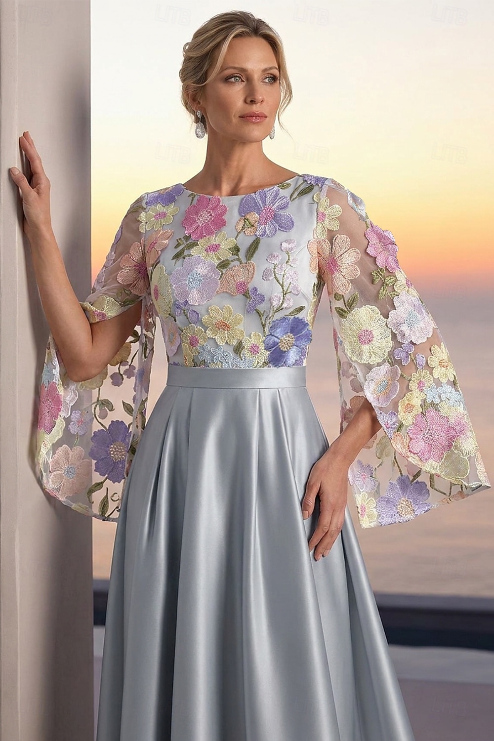 A-Linie Bodenlang Perlenbestickt Abendkleid Kleid der Brautmutter Abendkleid Ballkleid Festliche Kleidung Elegant Farbblock Langarm Rundhalsausschnitt Hochzeit Formell Tasche Satin Spitze Tiefer 2026 - $171.99 –P2