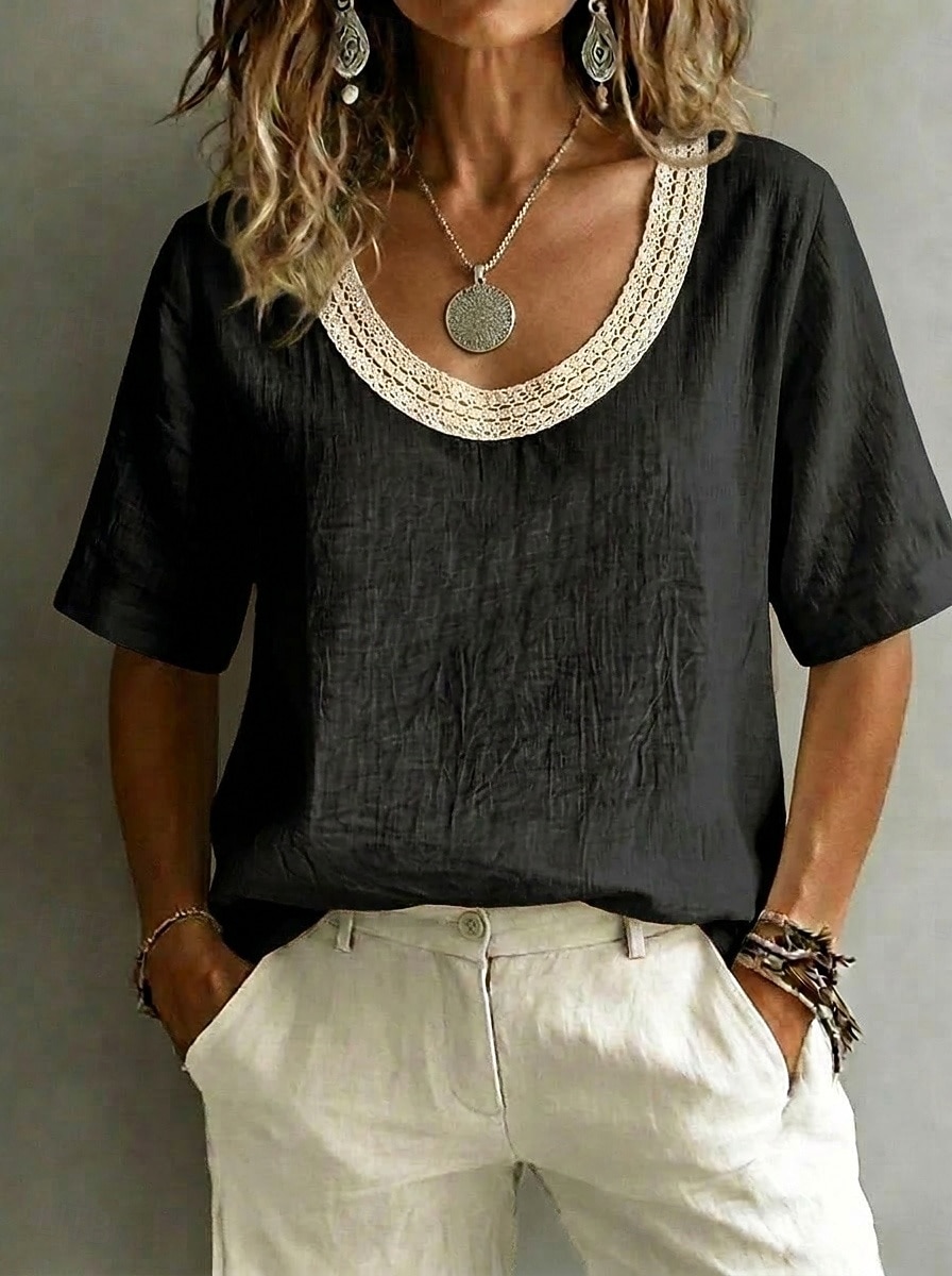 Damen Bluse Spitzentops Spitze Einfarbig Elegant Vintage Kurzarm U-Ausschnitt Normale Oberteile Lässig Strand Sommer Schwarz Weiß Rosa Himmelblau Grün Sommer Frühling 2026 - $21.99 –P5