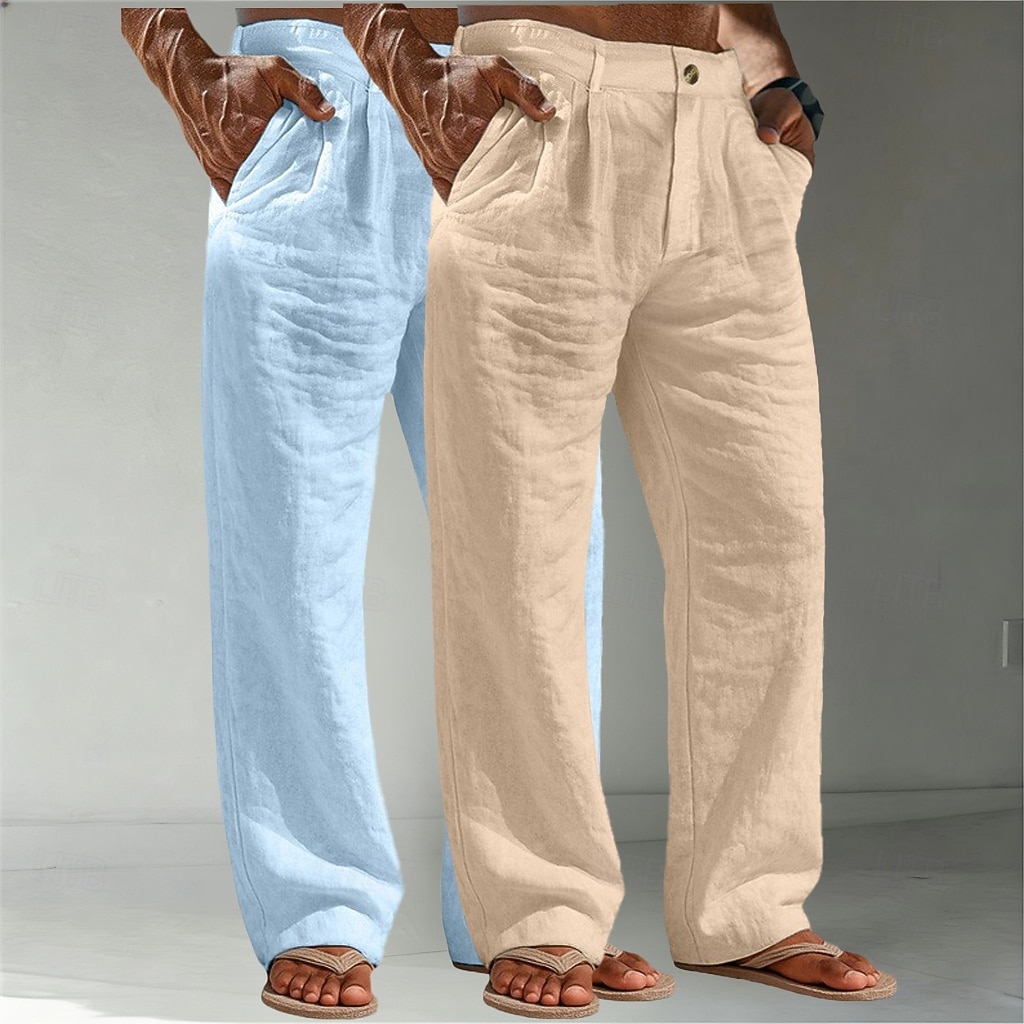 Voor heren Linnen broek Broek Zomerbroek Wijde broek Strandbroeken Zak Effen Comfort Ademend Volledige lengte Casual Dagelijks Buiten Vakantie Modieus Wit + kaki Bruin + Zwart Inelastisch 2026 - $45.99 –P2